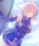 1girl :d armor armored_dress bangs breasts cowboy_shot elbow_gloves eyebrows_visible_through_hair fate/grand_order fate_(series) gloves hair_over_one_eye holding_shield impossible_clothes large_breasts lavender_hair leaning_forward looking_at_viewer open_mouth pink_hair purple_gloves purple_legwear saijou_haruki shield shielder_(fate/grand_order) short_hair smile solo tareme thigh-highs thighs violet_eyes 