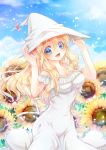  1girl :d absurdres adjusting_clothes adjusting_hat blonde_hair blue_eyes blue_sky breasts covered_navel day dress flower hat highres hitori-kiri long_hair looking_at_viewer medium_breasts open_mouth original outdoors sky smile solo standing sunflower white_dress witch witch_hat 