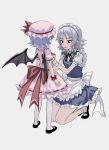  2girls apron bat_wings black_eyes black_shoes blue_hair blue_skirt bow braid fkey green_bow hair_bow hat hat_ribbon highres izayoi_sakuya kneeling maid_headdress miniskirt mob_cap multiple_girls pantyhose pink_skirt puffy_short_sleeves puffy_sleeves red_ribbon remilia_scarlet ribbon ribbon-trimmed_skirt ribbon_trim sash shoes short_sleeves silver_hair simple_background skirt skirt_set socks standing touhou twin_braids waist_apron white_background white_legwear wings 