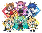  2boys 4girls aqua_hair bangs bare_shoulders black_dress blonde_hair blue_eyes blue_hair blue_scarf boots brown_eyes brown_hair chibi claws coat commentary dress elements gloves hair_leaf hair_ornament hairclip hands_up hatsune_miku horn long_hair mago multiple_boys multiple_girls outstretched_arms pink_hair scarf shirt short_ponytail shorts smile spiky_hair swept_bangs tail thigh-highs twintails very_long_hair vocaloid white_coat white_shirt white_shorts 
