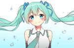  1girl blue_eyes blue_hair blue_necktie blue_ribbon blush closed_mouth eyebrows_visible_through_hair hair_ribbon hatsune_miku hey_xander long_hair looking_at_viewer necktie ribbon smile solo twintails upper_body vocaloid 