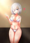  1girl bikini blue_eyes breasts cowboy_shot e-kichi eyes_visible_through_hair front-tie_top hair_ornament hair_over_one_eye hairclip hamakaze_(kantai_collection) heart highres kantai_collection large_breasts looking_at_viewer navel short_hair silver_hair solo standing striped striped_bikini swimsuit v 