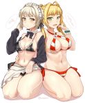  2girls ahoge artoria_pendragon_(all) artoria_pendragon_(swimsuit_rider_alter)_(fate) bikini black_bikini black_bow blonde_hair bow bracelet breasts choker fate/grand_order fate_(series) green_eyes highres jewelry large_breasts long_hair looking_at_viewer maid maid_bikini maid_headdress medium_breasts multiple_girls navel nero_claudius_(swimsuit_caster)_(fate) saber_alter saber_extra short_hair side-tie_bikini simple_background sitting sound_tamashi striped striped_bikini swimsuit twintails twitter_username wariza white_background yellow_eyes 