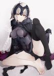  1girl armor barefoot batatata77 cape fate/grand_order fate_(series) frown fur_trim gauntlets gloves headpiece highres jeanne_alter looking_at_viewer ruler_(fate/apocrypha) single_thighhigh sitting skirt skirt_lift thigh-highs thighhighs_removed white_hair yellow_eyes 