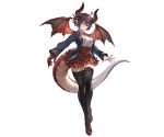  1girl bangs black_legwear blazer breasts brown_hair character_request dragon_horns dragon_tail dragon_wings full_body granblue_fantasy grea_(shingeki_no_bahamut) horns jacket large_breasts long_sleeves looking_at_viewer minaba_hideo official_art pointy_ears red_eyes shirt shoes short_hair skirt solo standing tail thigh-highs transparent_background white_shirt wings zettai_ryouiki 