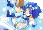  1girl ;q animal_ears bangs blue blue_background blue_eyes blue_gloves blue_hair blue_legwear blue_shirt blue_shoes blush cookie crown cure_gelato earrings extra_ears food glass gloves ice_cream in_container jewelry kirakira_precure_a_la_mode lion_ears lion_tail long_hair looking_at_viewer magical_girl mini_crown one_eye_closed parted_bangs precure satou_(kuso-neet) shirt shoes single_thighhigh skirt smile solo tail tategami_aoi thigh-highs tongue tongue_out white_skirt 