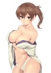  1girl bare_shoulders breast_hold breasts brown_eyes brown_hair cleavage closed_mouth cowboy_shot hair_between_eyes highres kaga_(kantai_collection) kantai_collection large_breasts looking_at_viewer navel no_pants off_shoulder open_clothes open_shirt panties shirt side_ponytail siesta_(artist) simple_background solo underwear white_background white_panties 