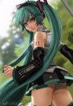  1girl artist_name ass bangs blurry depth_of_field detached_sleeves from_behind green_eyes green_hair hatsune_miku headset highres long_hair looking_back necktie novcel panties parted_lips skirt solo striped striped_panties thigh-highs twintails underwear very_long_hair vocaloid 