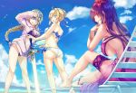  3girls :o ;d ahoge arm_up artoria_pendragon_(all) artoria_pendragon_(swimsuit_archer) ass bangs bare_back bare_shoulders beach bikini blue_bow blue_eyes blue_ribbon blue_sky bow braid breasts chair clouds cloudy_sky day excalibur eyebrows_visible_through_hair fate/apocrypha fate/grand_order fate_(series) hair_bow hair_ribbon halter_top halterneck headpiece hood hoodie kneepits large_breasts leg_garter long_hair looking_to_the_side lounge_chair multiple_girls navel one_eye_closed open_mouth outdoors planted_sword planted_weapon purple_bikini purple_hair ribbon ruler_(fate/apocrypha) saber saijou_haruki scathach_(fate/grand_order) scathach_(swimsuit_assassin)_(fate) sidelocks single_braid sitting sky smile standing swimsuit sword teeth thighs violet_eyes water_drop weapon white_bikini 