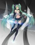  1girl bad_anatomy boots cancell detached_sleeves full_body green_eyes green_hair hatsune_miku headphones highres looking_at_viewer midriff navel necktie open_mouth skirt sleeveless solo thigh-highs thigh_boots twintails vocaloid 