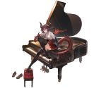  1girl bangs black_legwear blazer breasts brown_hair chair dragon_horns dragon_tail dragon_wings full_body granblue_fantasy grea_(shingeki_no_bahamut) horns instrument jacket looking_at_viewer minaba_hideo off_shoulder official_art piano plantar_flexion pointy_ears red_eyes shirt shoes short_hair sitting skirt solo tail thigh-highs torn_clothes transparent_background wings 