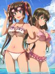  2girls ayame_kotoko bikini blue_eyes bow breasts brown_hair chiharu_(9654784) chuuko_demo_koi_ga_shitai! cleavage clouds day frilled_bikini frills goggles goggles_on_head green_eyes hair_bow hair_ribbon hatsushiba_yuuka highres innertube large_breasts locked_arms long_hair looking_at_viewer medium_breasts multiple_girls navel open_mouth outdoors pink_bikini side-tie_bikini sky smile standing sun swimsuit twintails v very_long_hair wading water white_bikini 