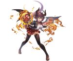  1girl bangs black_legwear blazer breasts brown_hair dragon_horns dragon_tail dragon_wings fire full_body granblue_fantasy grea_(shingeki_no_bahamut) horns jacket large_breasts long_sleeves looking_at_viewer minaba_hideo official_art open_mouth pointy_ears red_eyes shirt shoes short_hair skirt solo tail thigh-highs transparent_background wings 