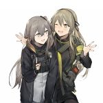  2girls :d black_legwear brown_eyes brown_hair dress_shirt duoyuanjun fingerless_gloves flush girls_frontline gloves grey_hair highres hood hooded_jacket index_finger_raised jacket leaning_forward long_hair long_sleeves looking_at_another magazine_pouch multiple_girls one_eye_closed one_side_up open_mouth pantyhose radio shirt shrug simple_background smile star star-shaped_pupils symbol-shaped_pupils ump40_(girls_frontline) ump45_(girls_frontline) upper_body walkie-talkie white_background yellow_eyes zipper zipper_pull_tab 