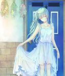  1girl bangs closed_mouth collarbone day dress eyebrows_visible_through_hair frilled_dress frills green_hair half-closed_eyes highres holding_dress light_smile long_hair looking_at_viewer one_side_up original outdoors saijou_haruki smile solo standing wavy_hair white_dress yellow_eyes 