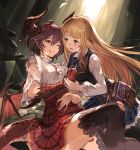  2girls :o ;d ahoge anne_(shingeki_no_bahamut) asymmetrical_arms bag black_legwear black_vest blonde_hair blood blood_from_mouth blue_bow blue_bowtie blue_skirt blush book bookbag bow bowtie breasts clenched_hand collared_shirt couple dirty_clothes doraf dragon_girl dragon_horns dragon_tail dragon_wings dutch_angle eye_contact female grea_(shingeki_no_bahamut) green_eyes grin hair_between_eyes hand_holding hand_on_own_stomach highres hime_cut indoors injury knee_up kneeling large_breasts leaning leaning_back leaning_forward long_hair long_sleeves looking_at_another medium_breasts multiple_girls one_eye_closed open_mouth plaid plaid_skirt pointy_ears purple_hair red_eyes red_skirt ruins sad school_uniform shingeki_no_bahamut shingeki_no_bahamut:_manaria_friends shirt short_hair sitting smile tail thigh-highs torn_clothes torn_legwear vest white_shirt wince wings yuri 