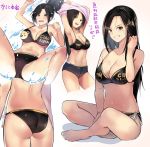  alternate_costume armpits arms_up ass black_hair breasts brown_eyes cafe_au_lait_(kafeore) cleavage clothes_writing collarbone commentary_request idolmaster idolmaster_cinderella_girls large_breasts long_hair looking_at_viewer mukai_takumi navel sitting swimsuit translation_request 