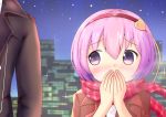  1girl 1other ambiguous_gender blush bob_cut brown_jacket building caloriemate_20 cityscape cold commentary_request covering_mouth hairband hands_on_own_face heart jacket komeiji_satori looking_to_the_side night night_sky out_of_frame outdoors pink_eyes pink_hair plaid plaid_scarf scarf short_hair sideways_glance sky skyscraper sparkle star_(sky) starry_sky touhou 