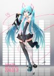  1girl 2018 anniversary aqua_hair blue_eyes boots character_name dated detached_sleeves full_body grey_background hatsune_miku headset highres long_hair microphone microphone_stand necktie skirt solo standing standing_on_one_leg thigh-highs thigh_boots twintails very_long_hair vocaloid yusake_san 