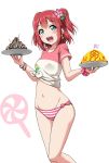  1girl :d aqua_eyes bangs bikini_bottom blush bracelet commentary_request earrings flag flower food hair_flower hair_ornament highres holding holding_plate jewelry kurosawa_ruby looking_at_viewer love_live! love_live!_sunshine!! midriff navel omurice open_mouth pink_scrunchie plate polka_dot polka_dot_scrunchie redhead scrunchie shirt short_sleeves simple_background smile solo striped_bikini_bottom t-shirt takoyaki tied_shirt toothpick two_side_up white_background wrist_scrunchie yopparai_oni 
