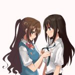  2girls black_hair blue_sweater bow bowtie brown_eyes brown_hair eyebrows_visible_through_hair green_eyes grey_background guildlay highres idolmaster idolmaster_cinderella_girls long_hair multiple_girls necktie open_mouth ponytail red_bow red_bowtie school_uniform shibuya_rin shimamura_uzuki shirt short_sleeves simple_background sketch standing striped striped_necktie sweater upper_body very_long_hair white_shirt 