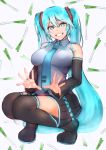 1girl absurdres bare_shoulders black_legwear blue_eyes blue_hair breasts detached_sleeves grin hatsune_miku highres kujuu_shikuro long_hair looking_at_viewer necktie skirt sleeveless smile solo squatting thigh-highs twintails very_long_hair vocaloid 