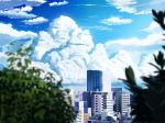  blue_sky blurry_foreground building city cityscape clouds cloudy_sky commentary_request day hankachi_(okayama012) highres leaf no_humans original outdoors plant scenery sky skyscraper summer 