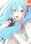  1girl bangs blue_eyes blue_hair blue_nails eyebrows_visible_through_hair grey_shirt hair_between_eyes hair_ornament hatsune_miku holding holding_microphone long_hair looking_at_viewer microphone nail_polish open_mouth shirt simple_background sleeveless sleeveless_shirt smile solo teeth teti twintails upper_body vocaloid white_background 