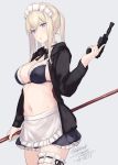  1girl apron artist_name artoria_pendragon_(swimsuit_rider_alter)_(fate) artoria_pendragon_(swimsuit_rider_alter)_(fate)_(cosplay) bikini_top black_bikini_top breasts cleavage cosplay cowboy_shot dated detached_collar fate/grand_order fate_(series) graf_zeppelin_(kantai_collection) gun handgun hood hooded_jacket hoodie jacket kantai_collection lace_trim leg_garter light_brown_hair maid_headdress medium_breasts navel open_clothes open_hoodie open_jacket pistol ribbon_trim rokuwata_tomoe sidelocks simple_background skirt solo trigger_discipline violet_eyes waist_apron weapon 