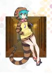  aqua_hair geta hands_in_pockets highres hood hoodie kemono_friends long_sleeves ribbon short_hair snake_tail striped_hoodie striped_tail tail tengu-geta tsuchinoko_(kemono_friends) umigarasu_(kitsune1963) 