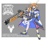 1girl armor armored_boots armored_dress armored_skirt black_gloves blue_eyes boots brown_hair closed_mouth commentary district_9 dress emblem english_commentary english_text fingerless_gloves gauntlets gloves grey_background gun hair_ribbon heterochromia holding holding_gun holding_weapon huge_weapon long_sleeves lyrical_nanoha mahou_shoujo_lyrical_nanoha_detonation medium_dress outside_border overskirt petag2 ribbon smile solo standing takamachi_nanoha twintails weapon white_dress white_footwear white_ribbon yellow_eyes 