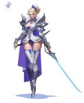  1girl armor blonde_hair blue_legwear breasts cleavage closed_mouth high_heels highres holding holding_sword holding_weapon jun_luo large_breasts looking_at_viewer original pointy_ears short_hair short_ponytail solo sword thigh-highs violet_eyes weapon 