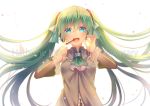  1girl anniversary backlighting bangs blouse blush bow detached_sleeves eyebrows_visible_through_hair floating_hair frills green_hair grey_blouse hair_between_eyes hair_bow hands_up hatsune_miku index_finger_raised long_hair looking_at_viewer mashiro_aa open_mouth smile solo twintails upper_body very_long_hair vocaloid 