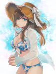 1girl bangs bikini blue_eyes breasts brown_hair cleavage cowboy_shot floral_print front-tie_top hair_over_one_eye isa_(peien516) long_hair long_sleeves looking_at_viewer ribbon see-through shirt solo standing swept_bangs swimsuit tales_of_(series) tales_of_the_abyss tear_grants white_bikini white_ribbon white_shirt 