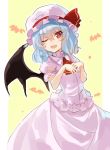  1girl ascot bangs bat_wings black_wings blue_hair blush bow eyebrows_visible_through_hair fang hat hat_bow looking_at_viewer mob_cap one_eye_closed open_mouth pink_skirt puffy_short_sleeves puffy_sleeves red_bow red_eyes remilia_scarlet rin_falcon short_hair short_sleeves single_wing skirt solo touhou white_hat wings 