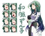  1girl ahoge alternate_costume blush closed_eyes closed_mouth commentary_request crossed_arms dress expression_chart expressions eyebrows_visible_through_hair green_hair hairband highres jin_(mugenjin) long_hair multicolored_hair o_o open_mouth smile solo touhoku_zunko translation_request very_long_hair vocaloid voiceroid wide_sleeves yellow_eyes 