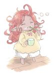  1girl alternate_costume alternate_hairstyle blush_stickers brushing_teeth closed_eyes commentary commentary_request cup dark_skin fang fang_out funf granblue_fantasy hoshikuzushi long_hair messy_hair pajamas pointy_ears redhead ribbon sleepy wavy_hair 