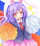  1girl animal_ears blush cookie_(touhou) dhi_xyon eyebrows_visible_through_hair hisui_(cookie) long_hair looking_at_viewer necktie open_mouth pom_poms purple_hair purple_skirt rabbit_ears red_eyes red_necktie reisen_udongein_inaba skirt smile solo star touhou 