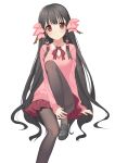  1girl absurdres animal_ears black_hair black_legwear bow braid contemporary hair_bow highres icarus_(artist) invisible_chair leg_up loafers long_hair looking_at_viewer miniskirt nail_polish pantyhose pink_bow pink_nails pink_sweater pleated_skirt red_skirt rurutie_(utawareru_mono) shoes sitting skirt solo sweater thighband_pantyhose twin_braids utawareru_mono utawareru_mono:_itsuwari_no_kamen white_background 