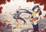  1girl animal_ears autumn autumn_leaves black_hair floating_hair highres icarus_(artist) japanese_clothes kuon_(utawareru_mono) long_hair obi open_mouth outdoors sash scarf smile solo standing tail utawareru_mono utawareru_mono:_itsuwari_no_kamen very_long_hair wide_sleeves wind yellow_eyes 