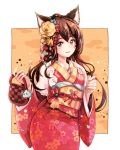  1girl absurdres ahri animal_ears blush facial_mark floral_print flower fox_ears hair_flower hair_ornament highres japanese_clothes kimono league_of_legends long_hair long_sleeves looking_at_viewer obi open_mouth sash slit_pupils smile solo symbol-shaped_pupils whisker_markings wide_sleeves yukata 