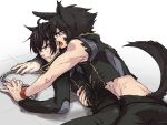  2boys animal_ears annoyed bare_shoulders black_hair chains ear_licking kaidou_ken kemonomimi_mode licking looking_back magami_ryou male_focus mazinkaiser_skl midriff mihoka multiple_boys sleeveless spiky_hair studded_bracelet tail thick_eyebrows tile_floor tiles tongue tongue_out torn_clothes waist_hold wolf_boy wolf_ears wolf_tail yaoi 