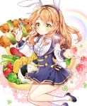  1girl animal_ears blush breasts brown_hair closed_mouth dress eyebrows_visible_through_hair fake_animal_ears food fork fruit green_eyes hairband holding holding_fork large_breasts long_hair looking_at_viewer original pinafore_dress pingo rabbit_ears sausage solo strawberry 