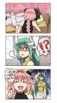  !? +_+ 1girl 2boys artist_name bow breasts commentary_request english fang fate/grand_order fate_(series) fujimaru_ritsuka_(male) green_hair hair_bow highres horns kiyohime_(fate/grand_order) kiyohime_(swimsuit_lancer)_(fate) long_hair long_sleeves maroonabyss medium_breasts multiple_boys pink_hair polearm rider_of_black shaded_face spear very_long_hair weapon 