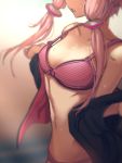  1girl at2. bra breasts cleavage highres jacket navel parted_lips purple_bra purple_hair short_hair_with_long_locks solo teeth underwear voiceroid yuzuki_yukari 