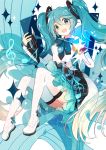 1girl aqua_eyes aqua_hair bangs black_skirt boots cube detached_sleeves eyebrows_visible_through_hair full_body fuuko_(2679566944) glint hair_between_eyes hands_up hatsune_miku holding long_hair looking_at_viewer musical_note open_mouth quaver semiquaver sheet_music sidelocks sitting skirt smile solo sparkle tareme thigh-highs thigh_boots treble_clef twintails very_long_hair vocaloid white_boots white_legwear 