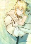  1girl arm_up artoria_pendragon_(all) bangs black_bow blonde_hair blue_eyes bow closed_mouth dress eyebrows_visible_through_hair fate/stay_night fate/unlimited_codes fate_(series) from_above gloves hair_between_eyes hair_bow long_hair looking_at_viewer looking_up ponytail saber_lily saijou_haruki sidelocks solo white_dress white_gloves 