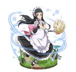  1girl apron black_dress black_eyes black_hair black_shoes bow dress floating_hair frilled_dress frills gloves hair_ribbon holding layered_dress long_hair looking_at_viewer maid_headdress parted_lips pink_bow pink_ribbon ribbon shoes short_sleeves simple_background solo sword_art_online very_long_hair white_apron white_background white_gloves white_legwear yui_(sao) 