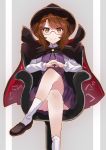  1girl bangs black_hat brown_hair brown_shoes cape chair closed_mouth collared_shirt eyebrows_visible_through_hair glasses hat legs_crossed long_sleeves looking_at_viewer own_hands_together red-framed_eyewear rin_falcon semi-rimless_glasses shirt shoes sitting smile socks solo touhou under-rim_glasses usami_sumireko white_legwear white_shirt yellow_eyes 
