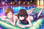  2girls artist_request bangs bare_shoulders barefoot bikini blush breasts brown_hair cleavage closed_eyes collarbone feet hair_between_eyes idolmaster idolmaster_cinderella_girls idolmaster_cinderella_girls_starlight_stage long_hair looking_at_another low_ponytail lying multiple_girls night nitta_minami official_art on_stomach open_mouth outdoors pool pool_ladder sagisawa_fumika smile swimsuit water 
